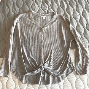 Womens Waffle Knit Tie Front Gray Shirt Size Large